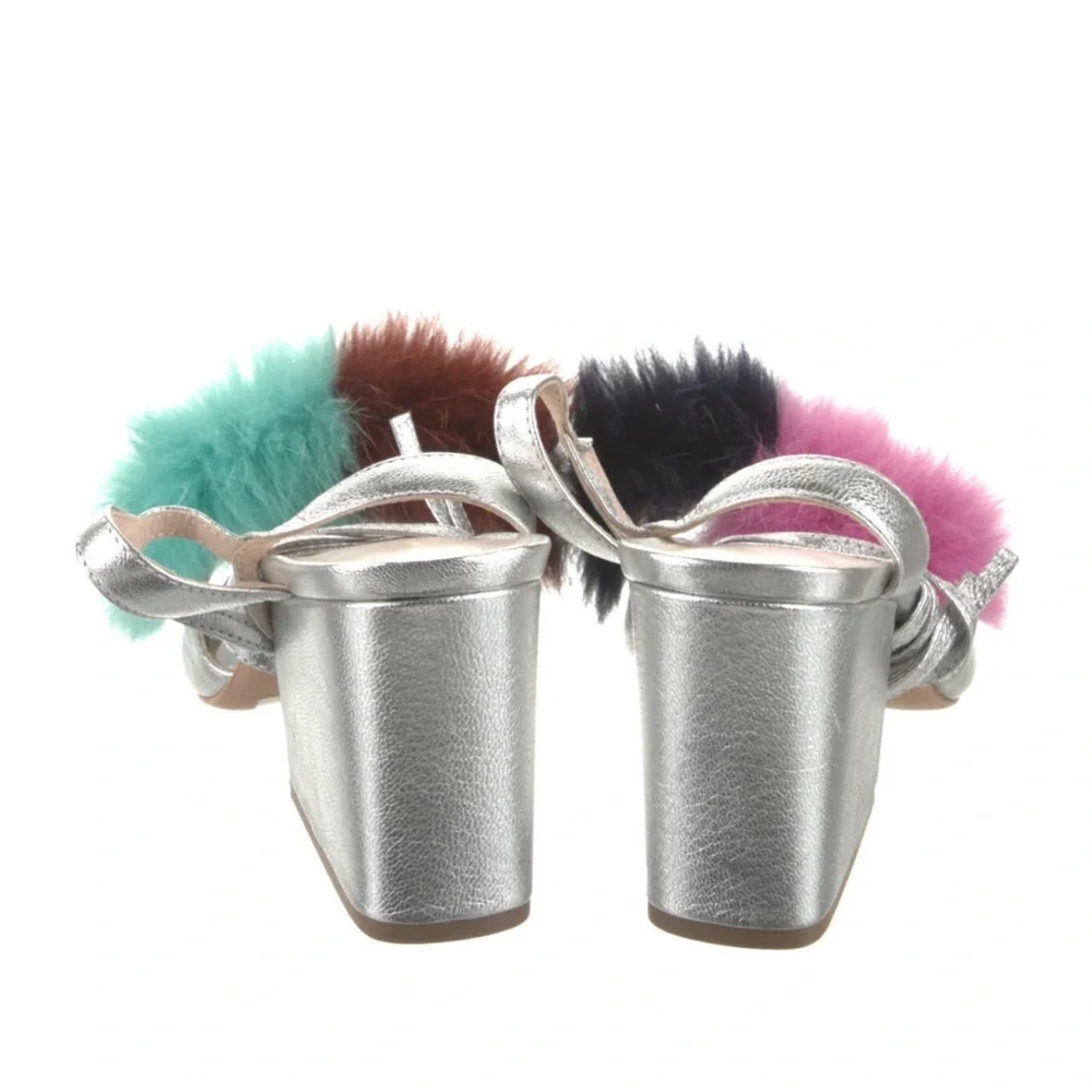$495 NEW Loeffler Randall Nicky fur pom pom fur silver leather chunky heel 7 7.5 - Picture 7 of 10